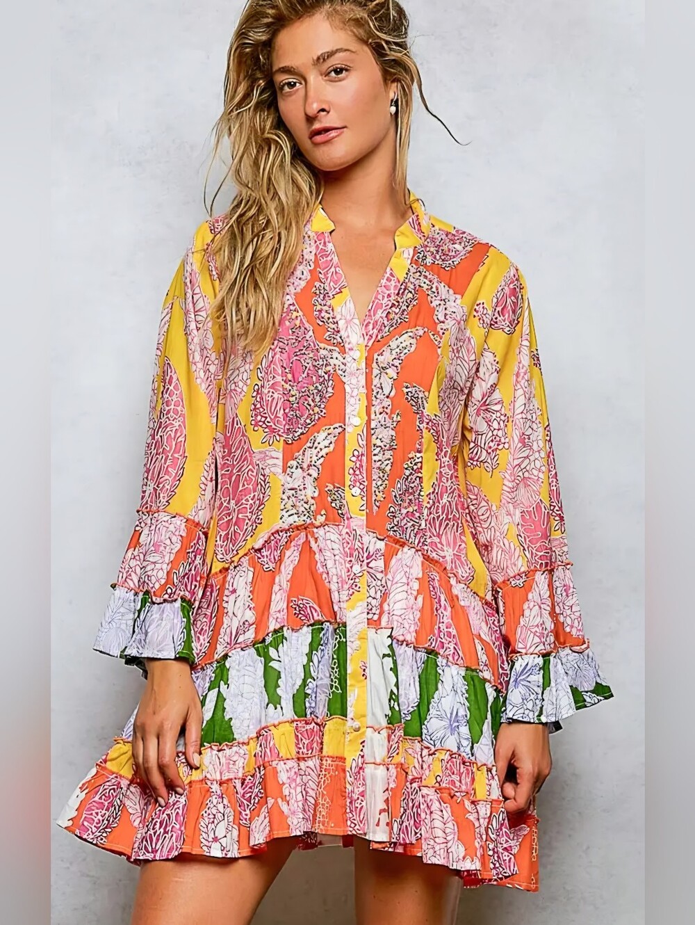 POL Floral Ruffle Mini Dress in Orange, Pink, Yellow, Green, White